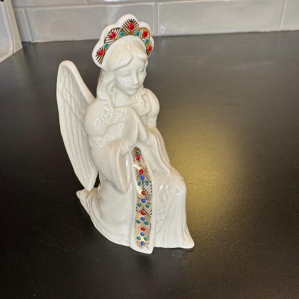 Lenox China Jewels Kneeling Angel Figurine Ivory Gold Jewel Accents 5in CJ Angel